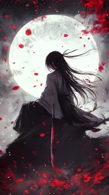 Samurai figure sits before full moon amid falling petals