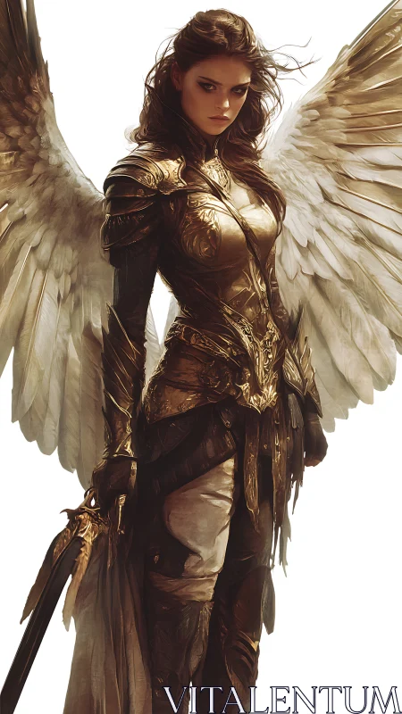 Winged armored female warrior holding sword on white field.