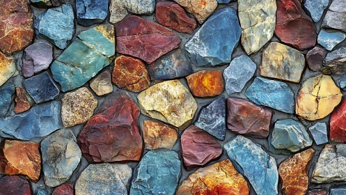 Colorful natural stone wall with mosaic pattern design.