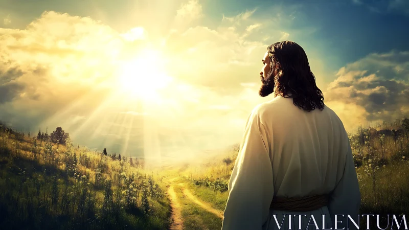 Sunlit path of quiet faith with a robed wanderer at dawn.