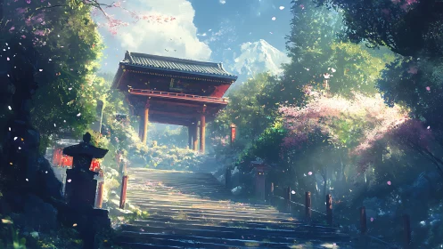 Sunlit shrine steps winding toward a quiet mountain sky.