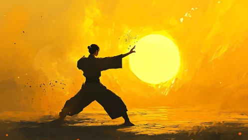 Martial artist channels radiant sun energy in molten light