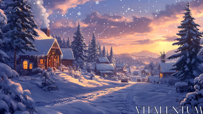 Snowy village glows warmly beneath a golden winter sunset