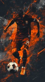 Dynamic soccer player drives ball through fiery orange spray