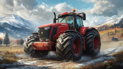 Red heavy-duty tractor crossing muddy alpine farm trail.
