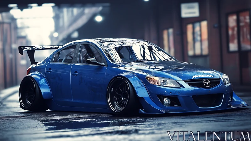 Low-slung blue Mazda tuner car in moody urban alleyway.