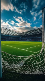 Wide goalmouth view of pro football pitch under clouded sky