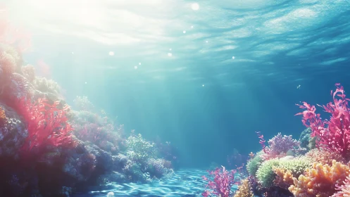 Sunlit coral reef glows beneath tranquil turquoise waves