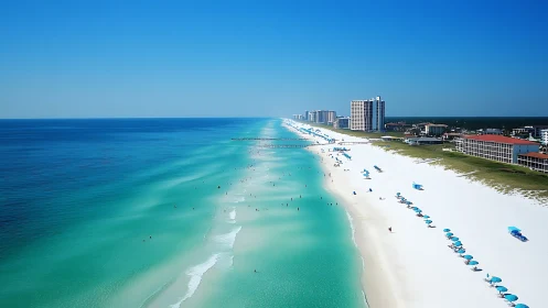 Turquoise shoreline meets high-rise resort skyline in summer.