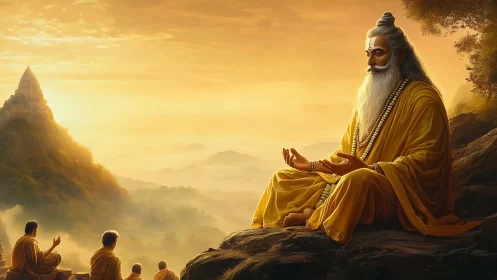 Golden-hour Himalayan sage in meditative mountain panorama