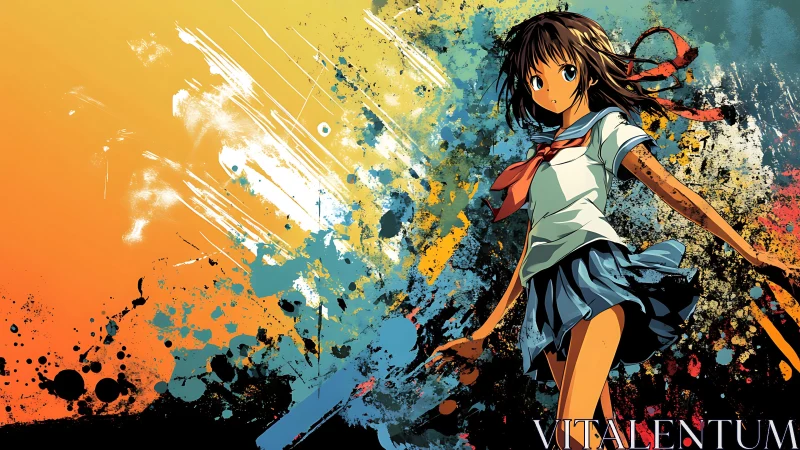 Anime schoolgirl stands before dense multicolor paint splashes