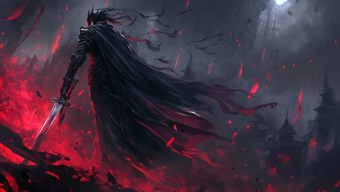 Armored figure with sword amid red embers and dark ruins.