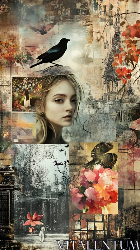 Collaged citydream drifts where raven, muse and blooms converse