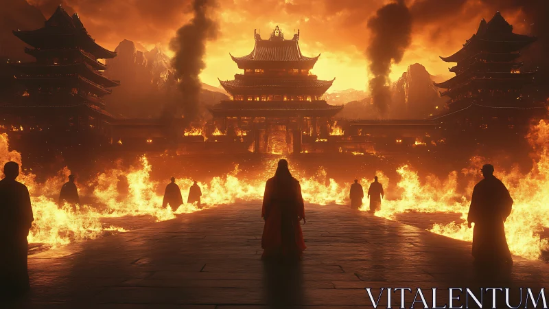 Fiery temple procession unfolds under a blazing golden sky