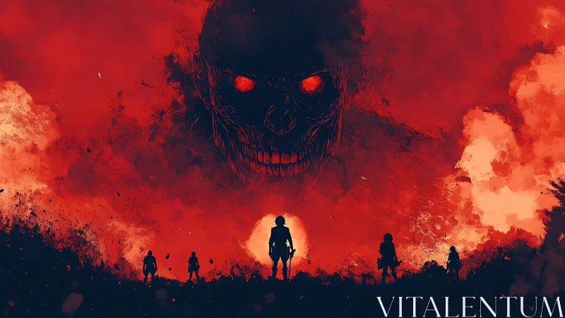 Silhouetted squad confronting colossal infernal skull apparition.