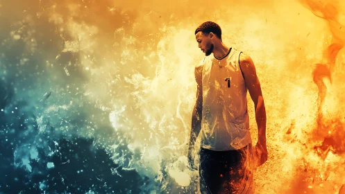 Basketball player in dual-toned abstract energy field.