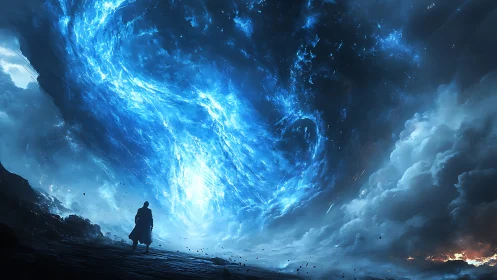 Solitary figure observes large turbulent blue celestial vortex