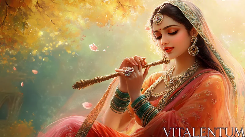 Digital painting shows ornamented woman holding decorated flute
