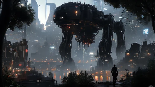 Colossal four legged mech stands over dense futuristic city