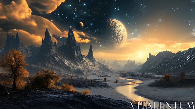 Alien river valley glows beneath twin moons at sunrise.