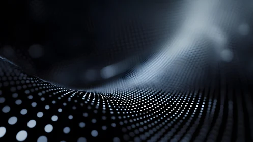 Abstract digital wave of glowing dots in futuristic black and white style.