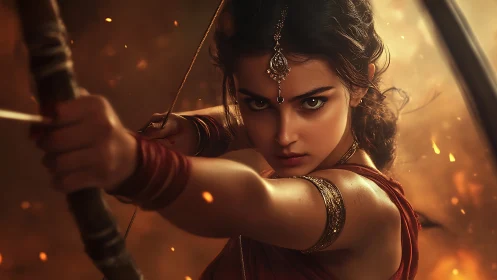 Fiery archer heroine drawing her bow with fierce focus.