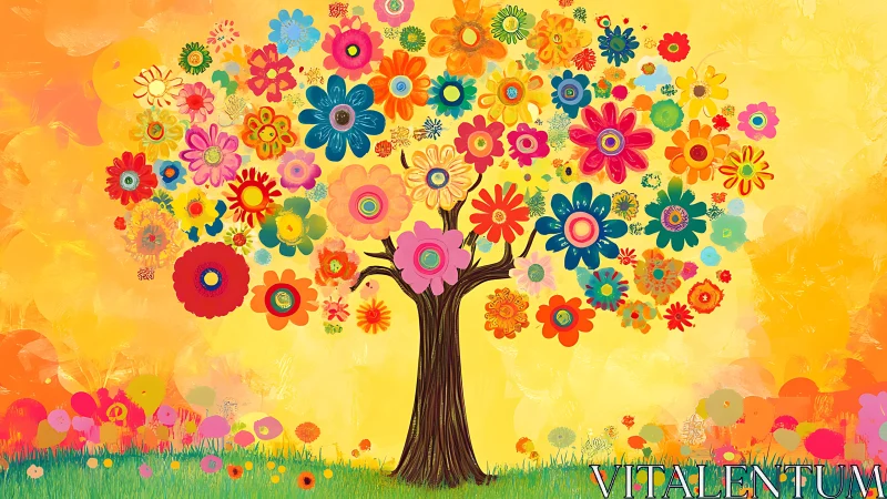 Composite Tree Structure with Radial Flower Canopy and Chromatic Saturation