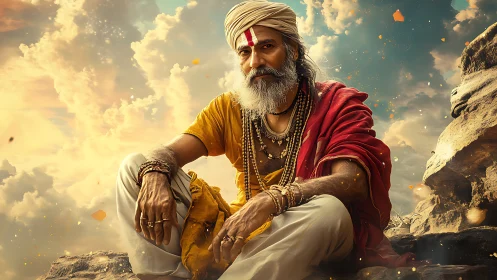 Elderly man seated on rocky terrain under clouded sky.