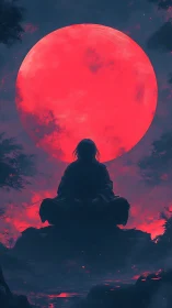 Crimson moon watches a lone warrior meditate in silence