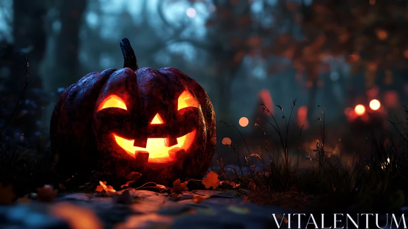 Cozy jack o’lantern glow brightening a misty forest path.