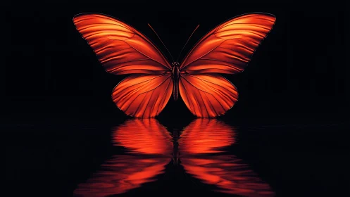 Glowing red butterfly spreads wings above mirrorlike water.