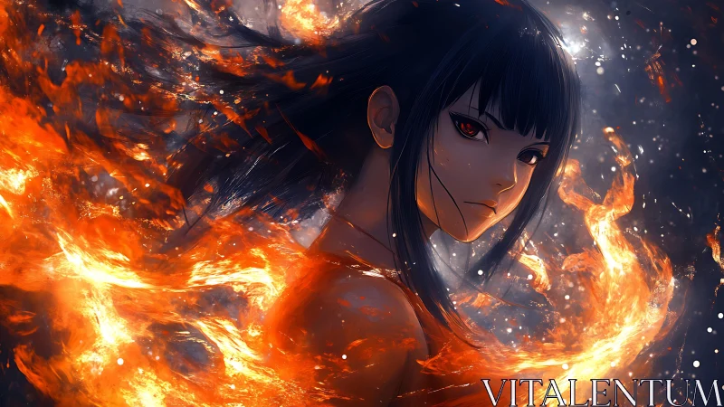 Fiery-eyed anime girl surrounded by swirling orange flames.