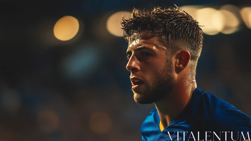 Floodlit footballer portrait with shallow depth-of-field bokeh.
