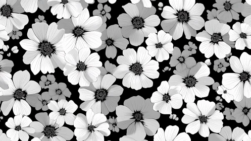 Monochrome Daisy Flowers Pattern Black Background