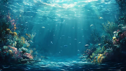 Radiant pelagic reef basin with volumetric caustic lighting.