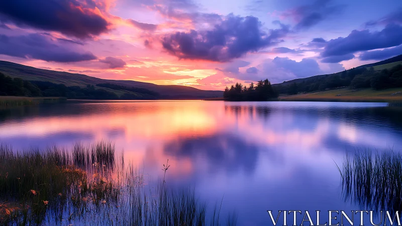 Vibrant sunset reflections over tranquil mountain lake.