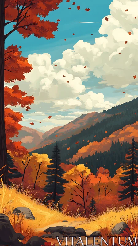 Autumnal mountain valley in stylized atmospheric perspective.