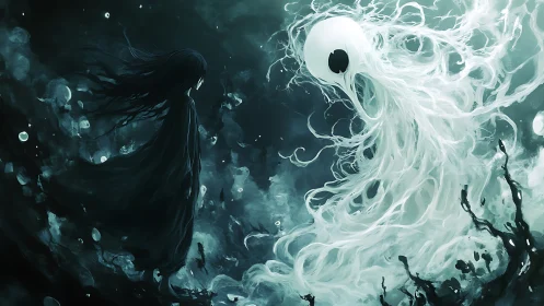 Dark robed figure observes luminous amorphous entity underwater