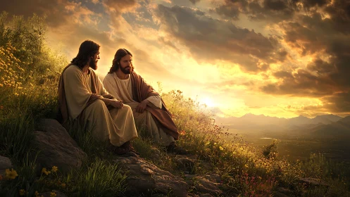 Sacred hillside dialogue in radiant golden sunset light.