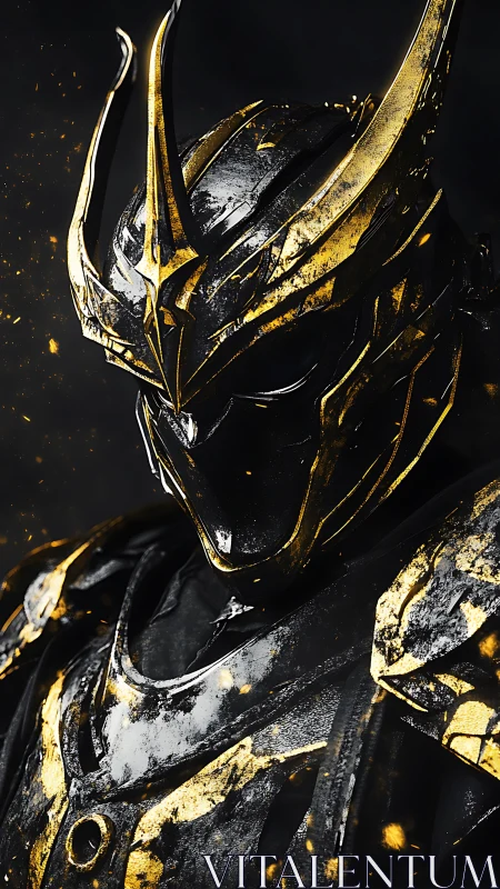 Gilded obsidian knight in burning embers of darkness.