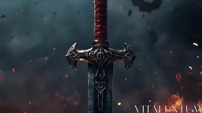 Medieval broadsword with ornate hilt in smoky embers field.