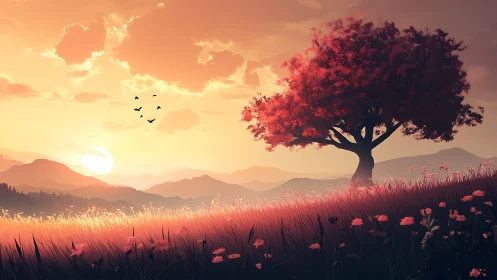 Solitary red tree on glowing sunset hillside landscape.