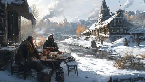 Postwar winter river settlement with survivors at outdoor table