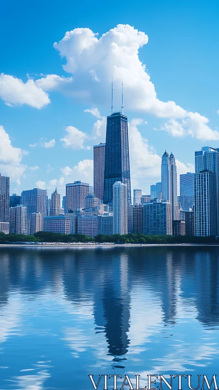 Tall lakeside skyscraper reflects over calm urban waterfront