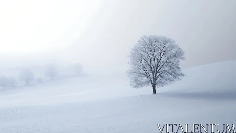 Lone frost crowned tree adrift in a hush white kingdom.