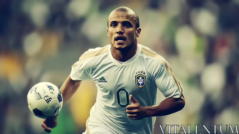 Brazilian footballer running with ball on blurred stadium field.