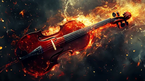 Fiery violin floats through swirling sparks and glowing smoke