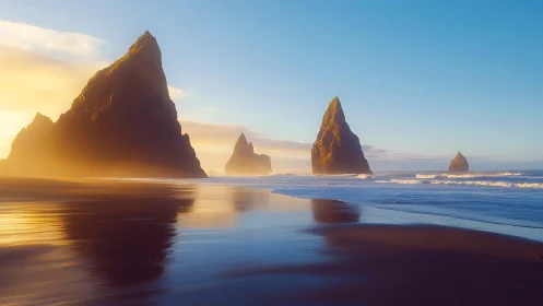 Haystack Rock and Sea Stacks at Golden Hour.