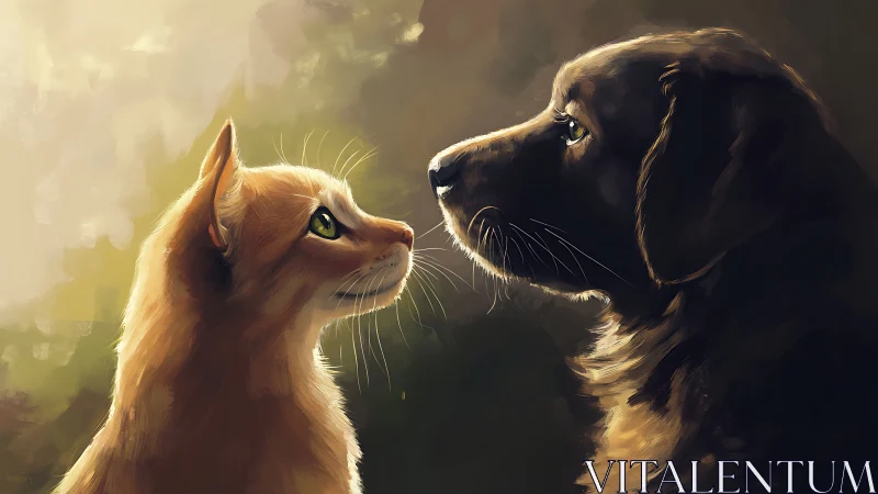 Cat and dog facing each other in atmospheric lighting.