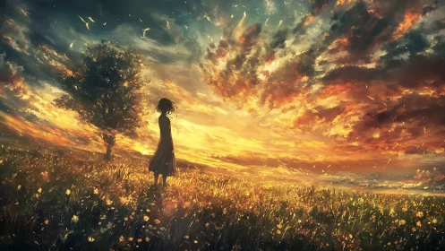 Solitary silhouette under blazing painterly sunset sky.